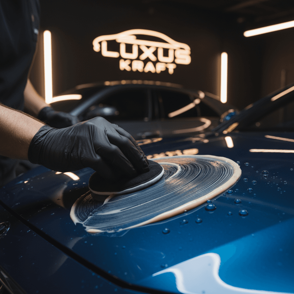 Polished car surface with water beads showing professional detailing results
