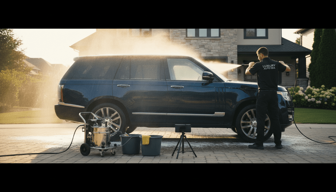 Car detailing technician performing exterior cleaning on vehicle