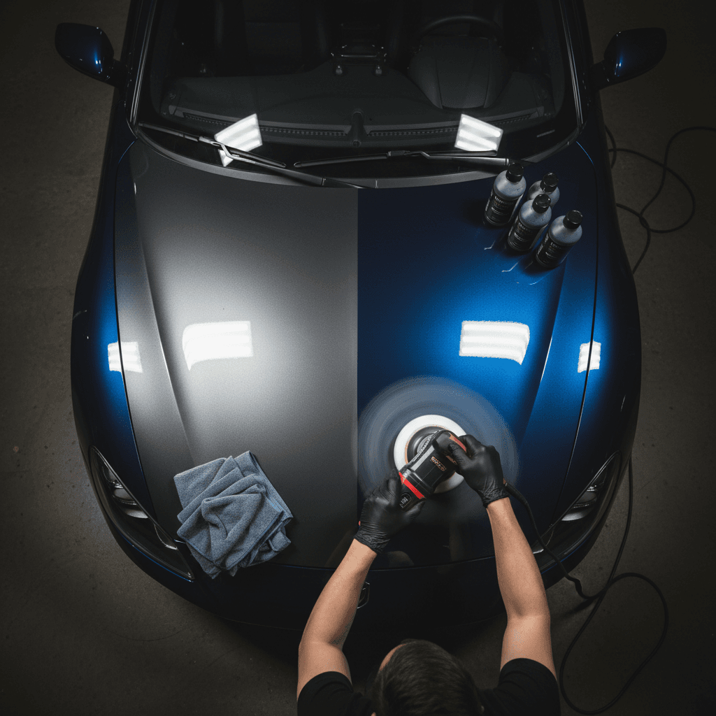Paint correction service showing polishing compound applied to car exterior