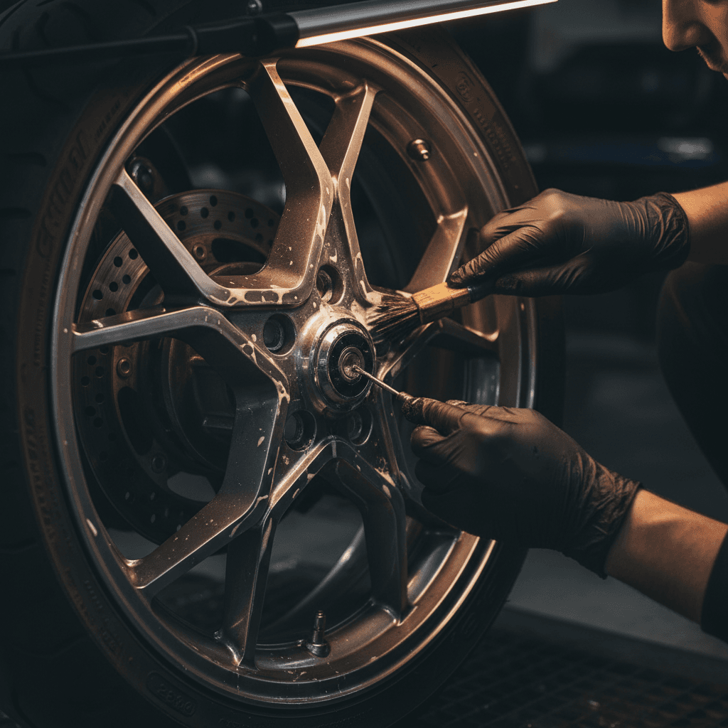 Clean shiny wheels and tires on detailed vehicle