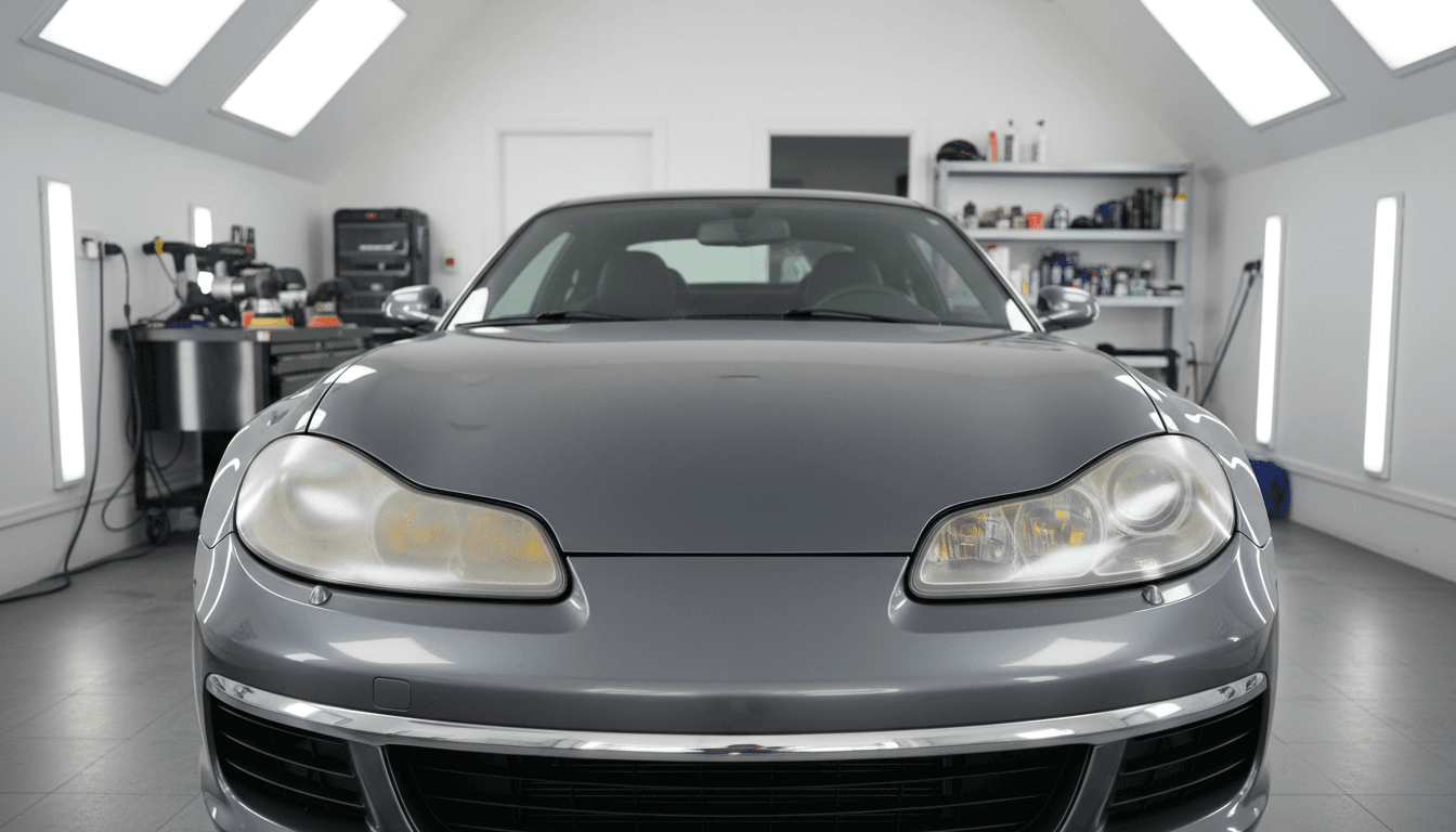 Restored headlights with clear polished finish on vehicle